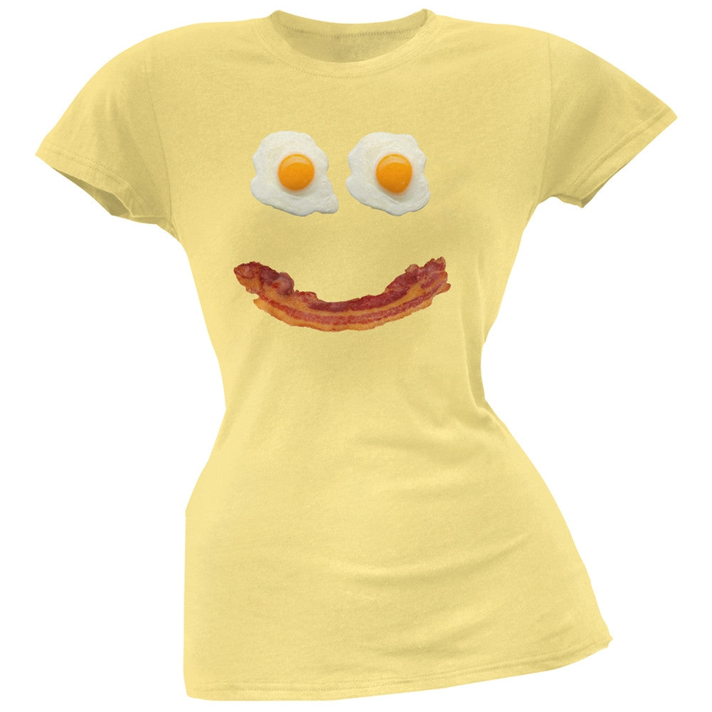 Mr. Happy Smiley Face Bacon And Eggs Black Soft Juniors T-Shirt Juniors T-Shirts Old Glory