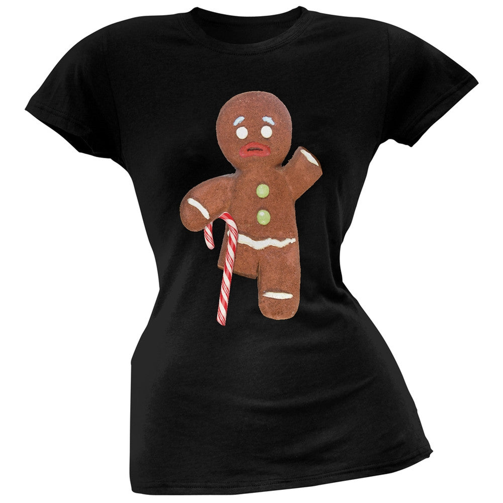 Ginger Bread Man With Candy Cane Crutch Black Soft Juniors T-Shirt Juniors T-Shirts Old Glory