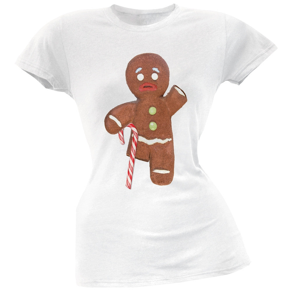 Ginger Bread Man With Candy Cane Crutch Black Soft Juniors T-Shirt Juniors T-Shirts Old Glory