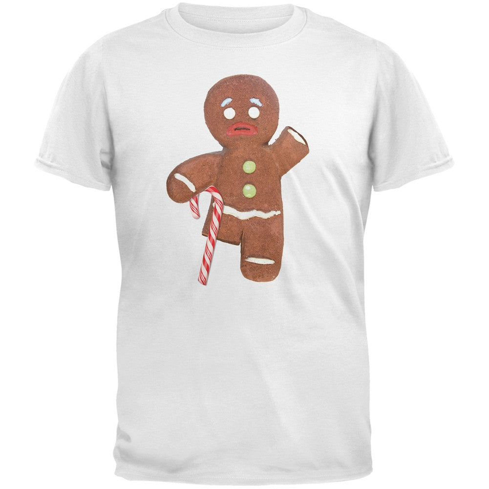 Ginger Bread Man With Candy Cane Crutch Black Adult T-Shirt Men's T-Shirts Old Glory