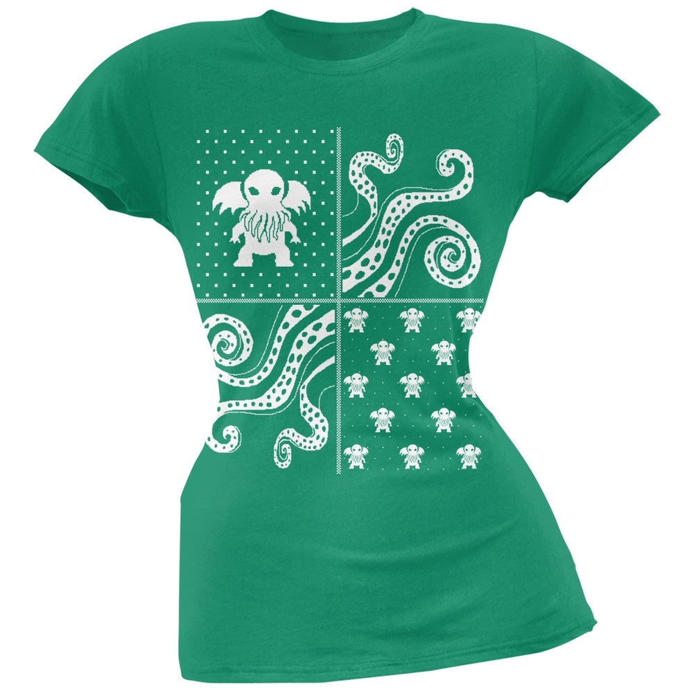Cthulhu Lovecraft Dimensions Ugly Christmas Sweater Black Soft Juniors T-Shirt Juniors T-Shirts Old Glory