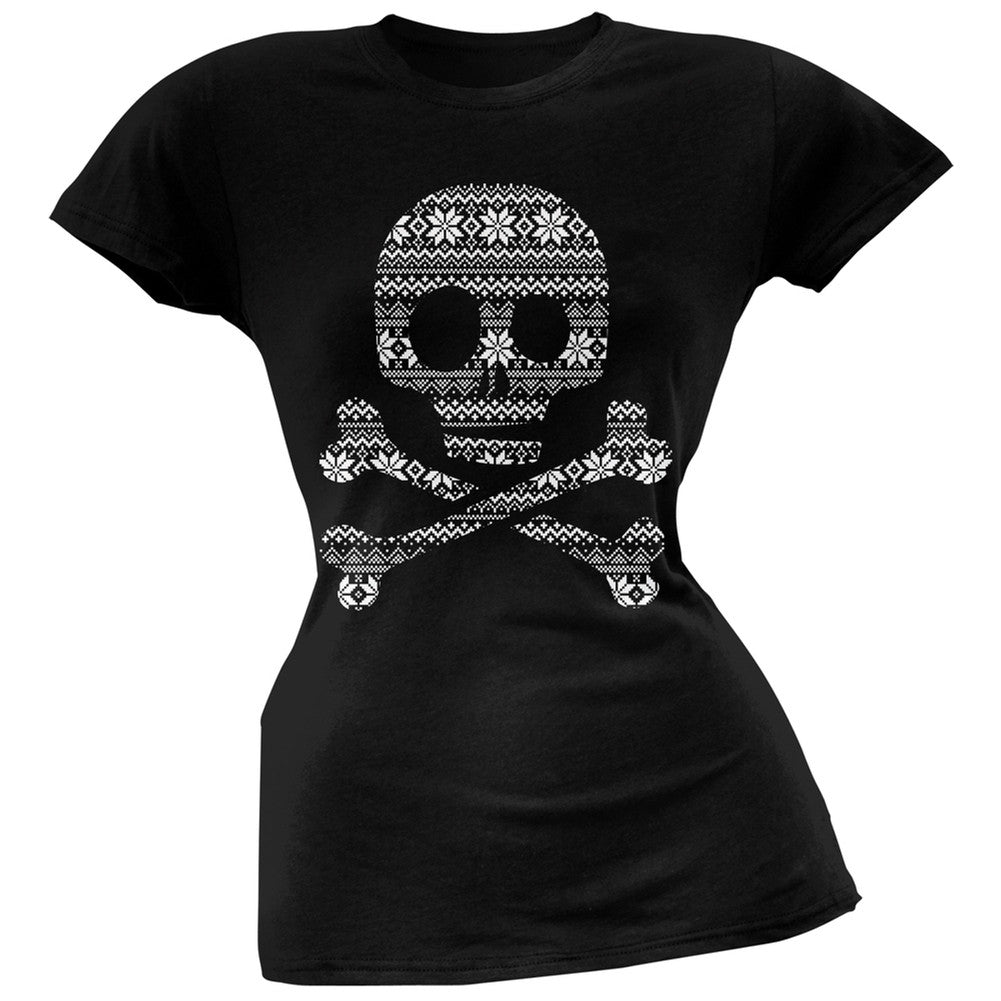 Skull & Crossbones Silhouette Ugly Christmas Sweater Black Soft Juniors T-Shirt Juniors T-Shirts Old Glory