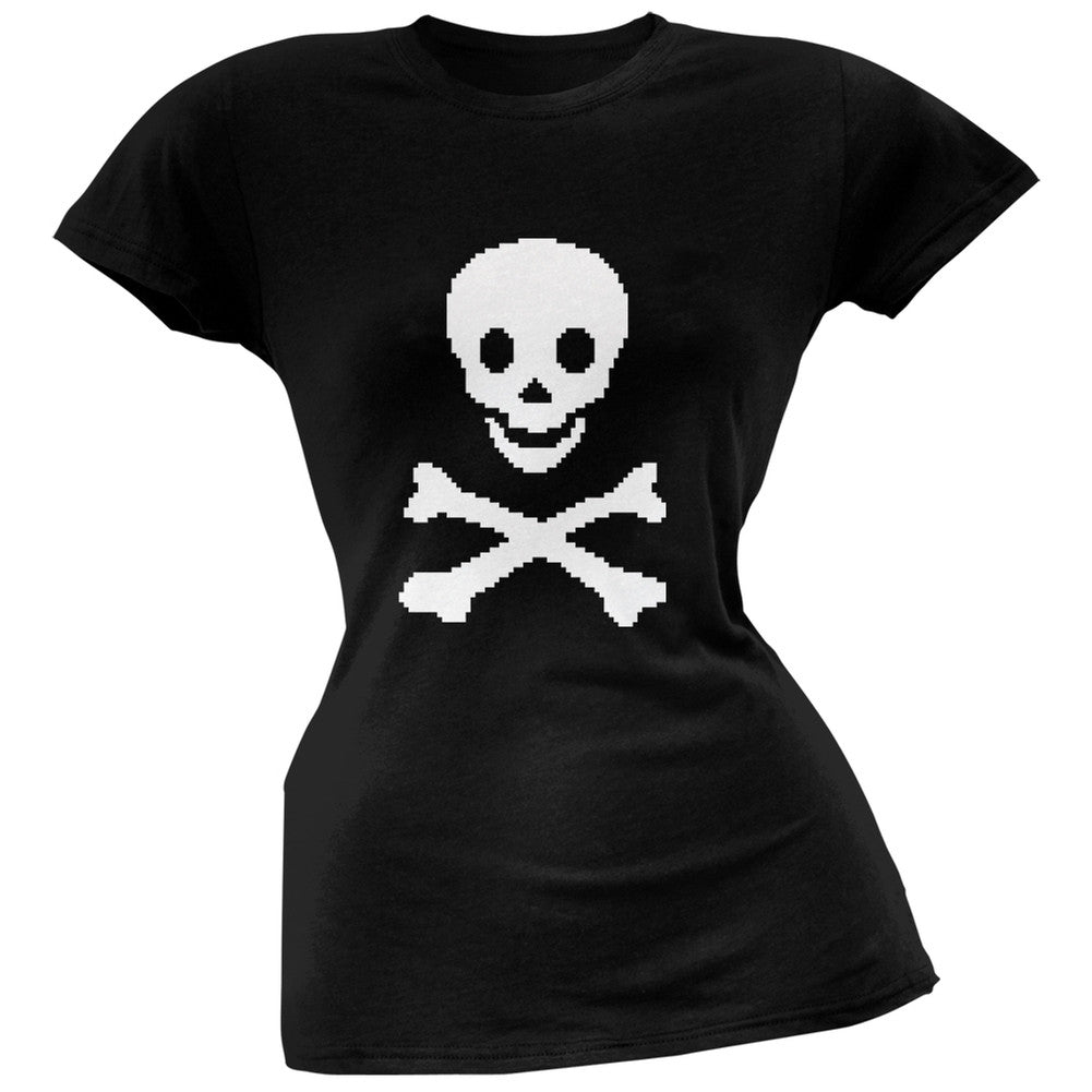 8-Bit Skull And Crossbones Black Soft Juniors T-Shirt Juniors T-Shirts Old Glory 2XL Black