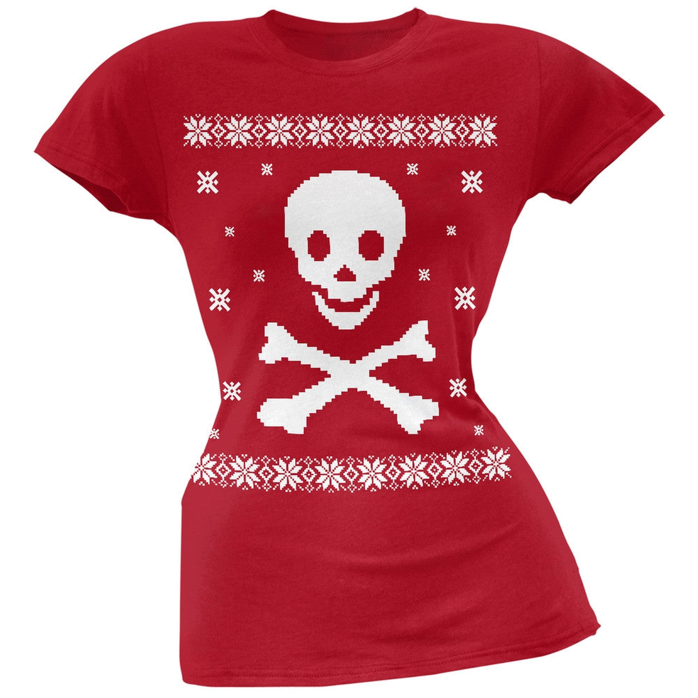 Big Skull & Crossbones Ugly Christmas Sweater Green Soft Juniors T-Shirt Juniors T-Shirts Old Glory 2XL Red