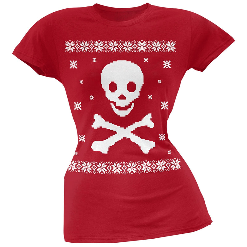Big Skull & Crossbones Ugly Christmas Sweater Green Soft Juniors T-Shirt Juniors T-Shirts Old Glory 2XL Red