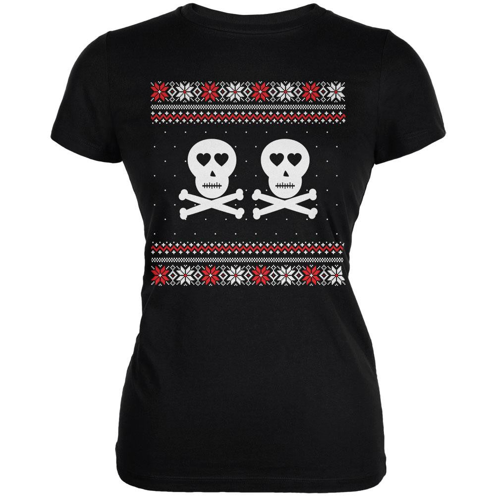 Skull and Crossbones Lovers Ugly Christmas Sweater Black Juniors T-Shirt Juniors T-Shirts Old Glory