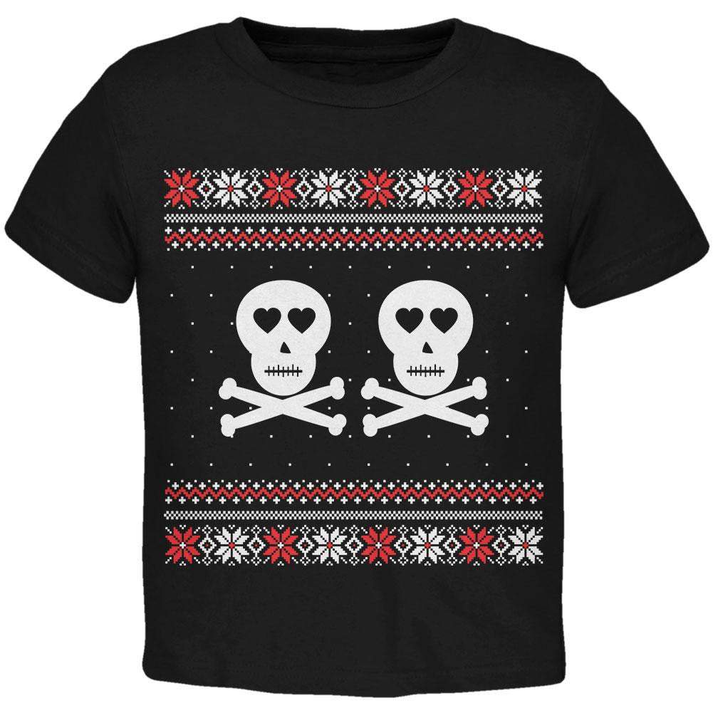 Skull and Crossbones Lovers Ugly Christmas Sweater Black Toddler T-Shirt Toddler T-Shirts Old Glory