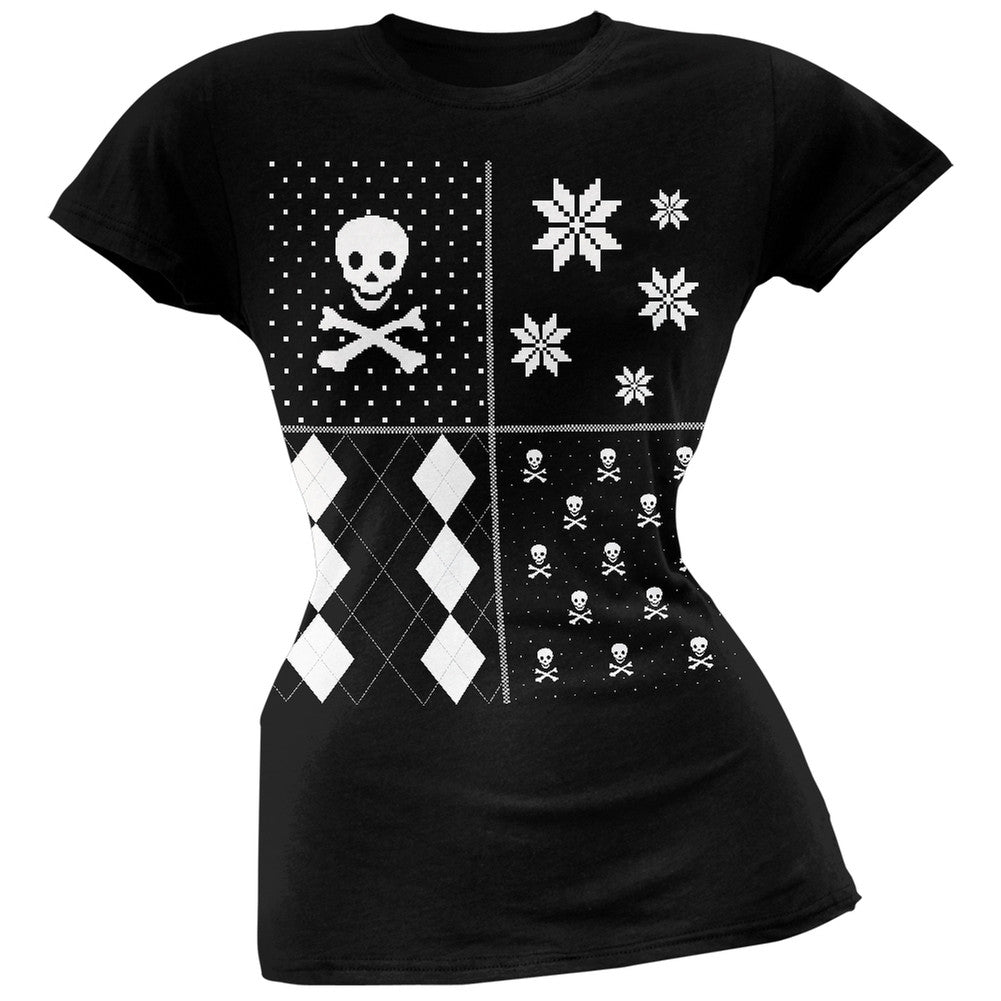 Skull and Crossbones Festive Blocks Ugly Christmas Sweater Black Soft Juniors T-Shirt Juniors T-Shirts Old Glory