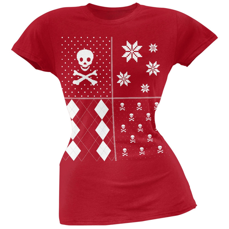 Skull and Crossbones Festive Blocks Ugly Christmas Sweater Black Soft Juniors T-Shirt Juniors T-Shirts Old Glory