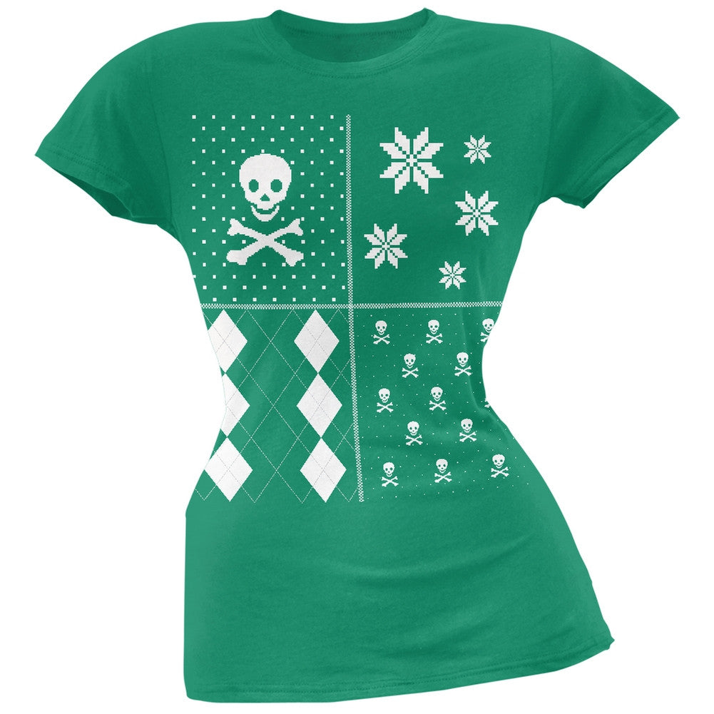 Skull and Crossbones Festive Blocks Ugly Christmas Sweater Black Soft Juniors T-Shirt Juniors T-Shirts Old Glory