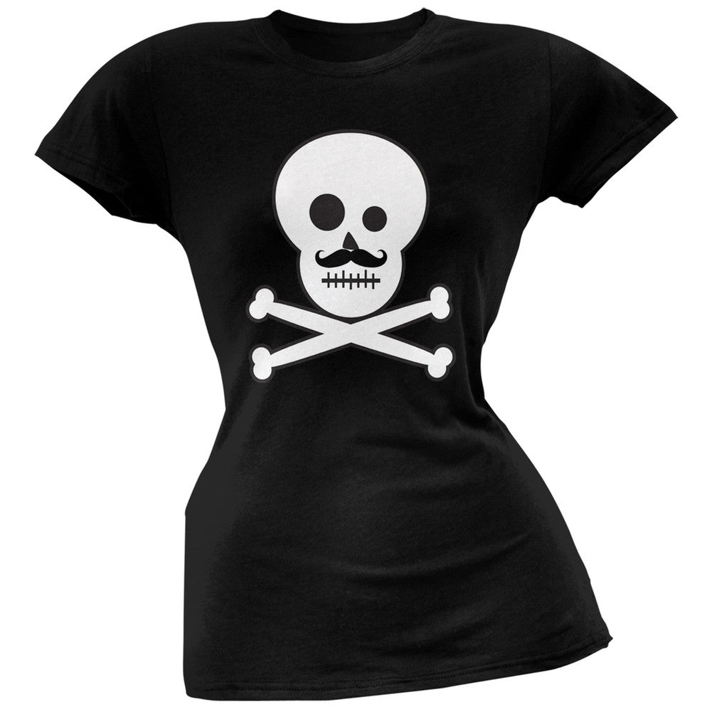 Skull and Crossbones Mustache Black Juniors T-Shirt Juniors T-Shirts Old Glory