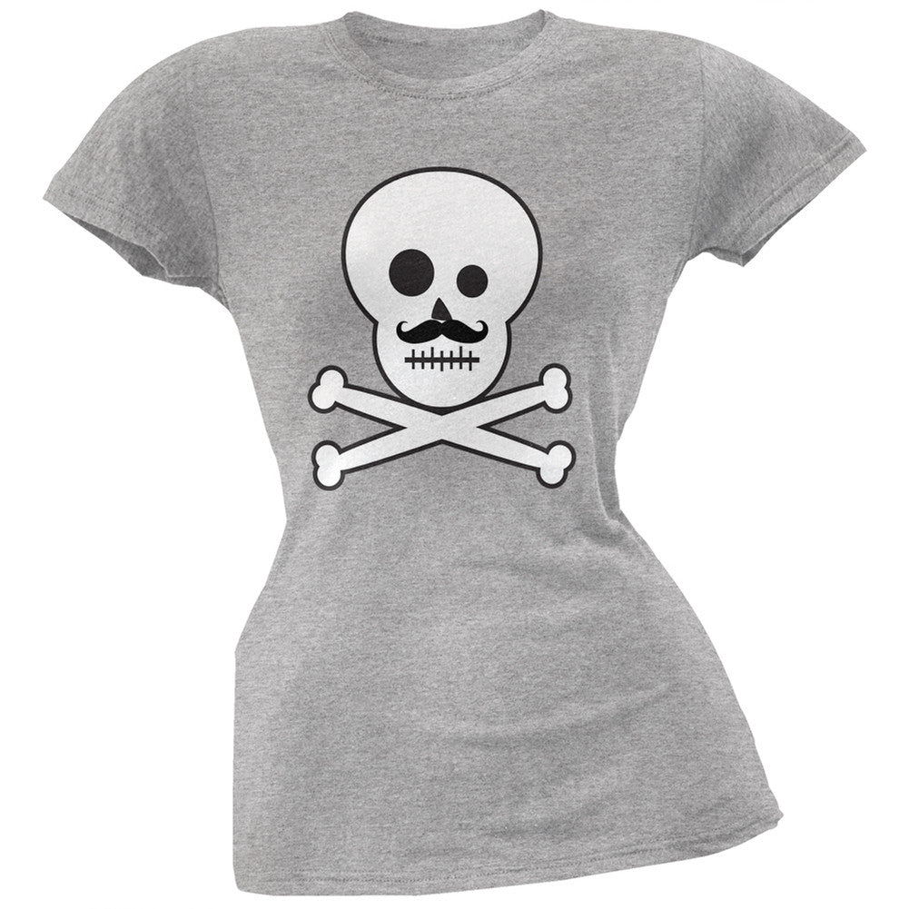Skull and Crossbones Mustache Black Juniors T-Shirt Juniors T-Shirts Old Glory