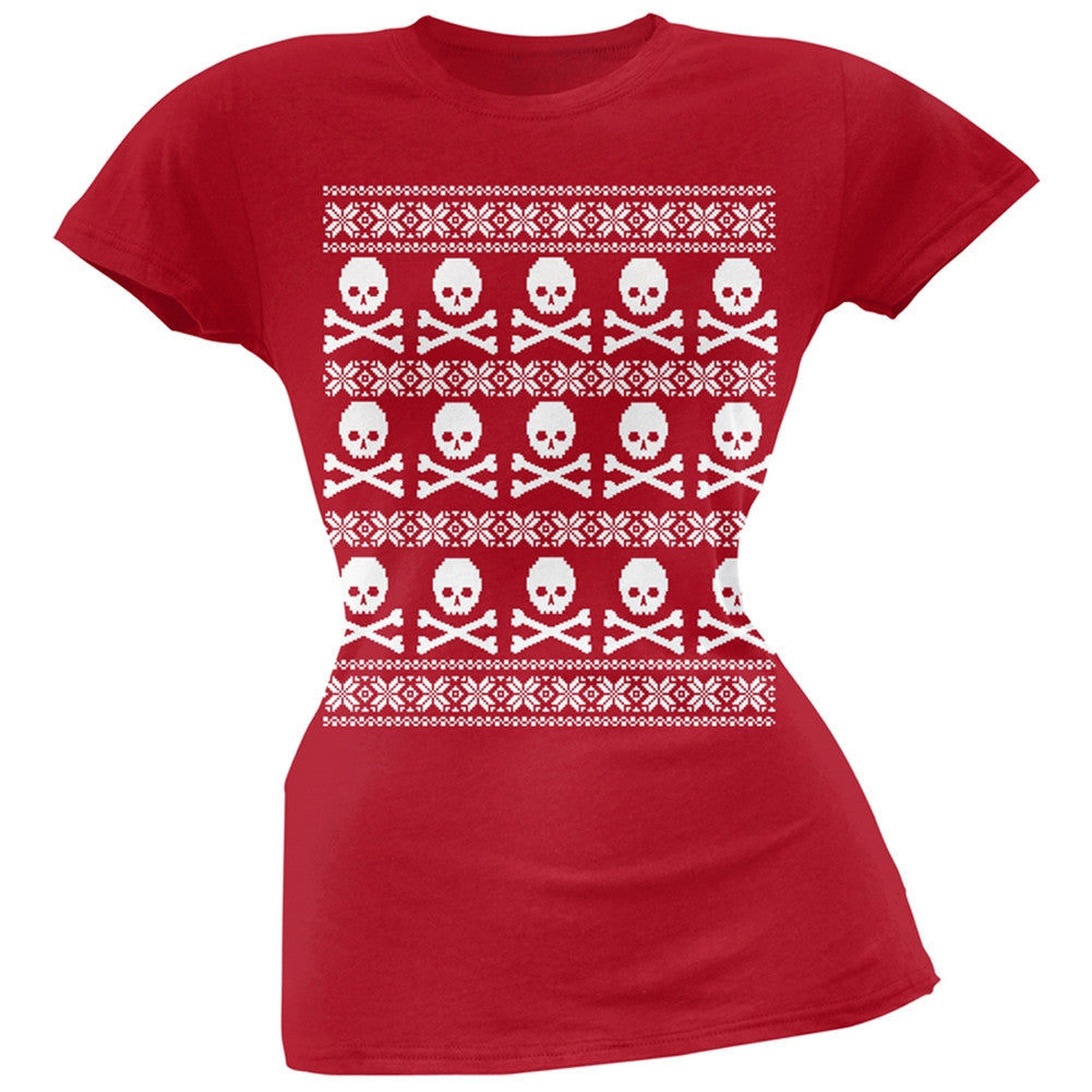 Big Skull And Crossbones Pattern Ugly Christmas Sweater Black Juniors T-Shirt Juniors T-Shirts Old Glory 2XL Red