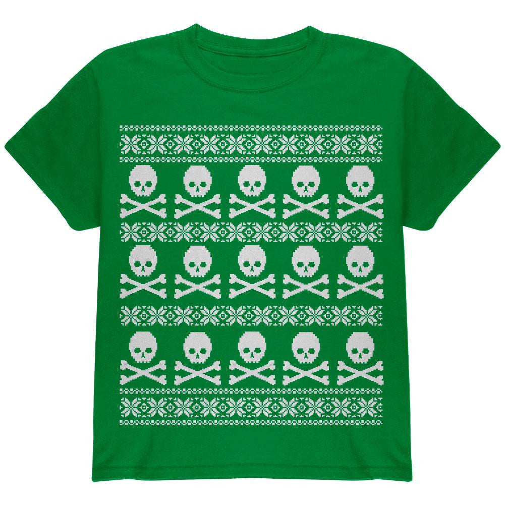 Big Skull And Crossbones Pattern Ugly Christmas Sweater Black Youth T-Shirt Youth T-Shirts Old Glory LG Green