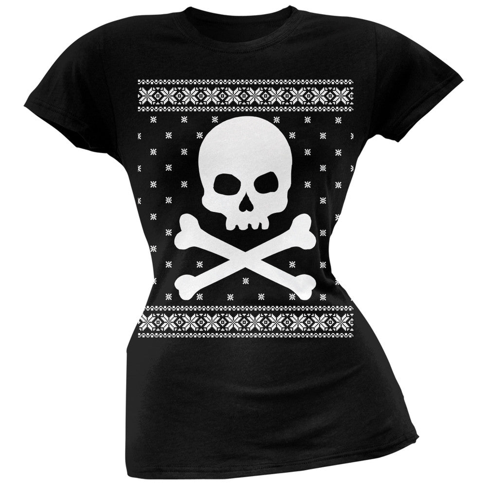 Giant Skull And Crossbones Ugly Christmas Sweater Black Juniors T-Shirt Juniors T-Shirts Old Glory