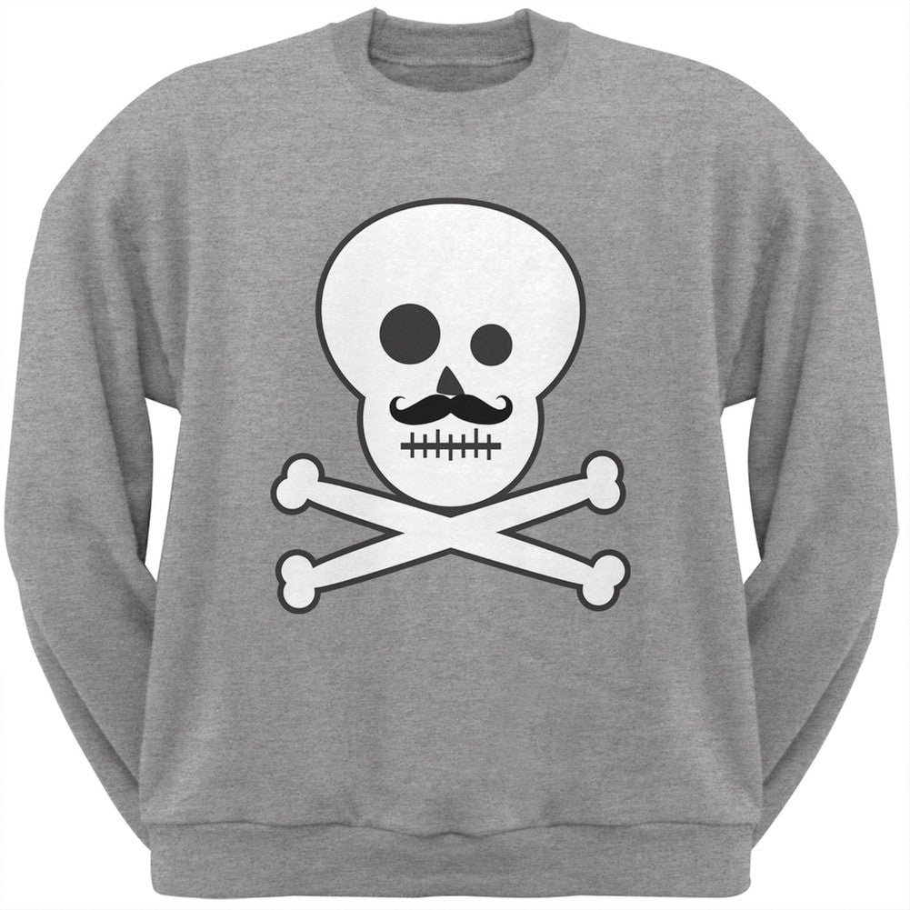 Skull and Crossbones Mustache Grey Adult Crew Neck Sweatshirt Men's Sweatshirts Old Glory