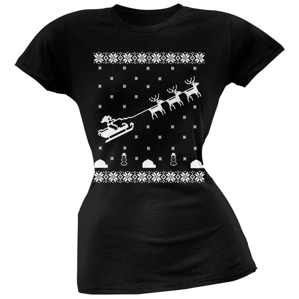 Flying Santa Sleigh Ugly Christmas Sweater Black Juniors T-Shirt Juniors T-Shirts Old Glory