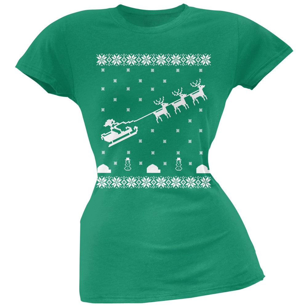 Flying Santa Sleigh Ugly Christmas Sweater Black Juniors T-Shirt Juniors T-Shirts Old Glory