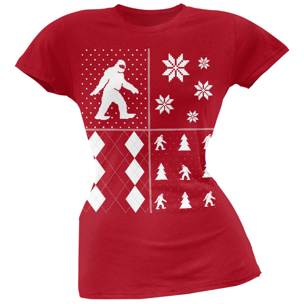 Sasquatch Festive Blocks Ugly Christmas Sweater Black Soft Juniors T-Shirt Juniors T-Shirts Old Glory