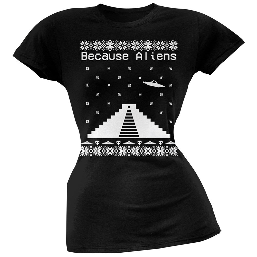 Because Aliens Pyramid Christmas Sweater Dark Heather Juniors Soft T-Shirt Juniors T-Shirts Old Glory