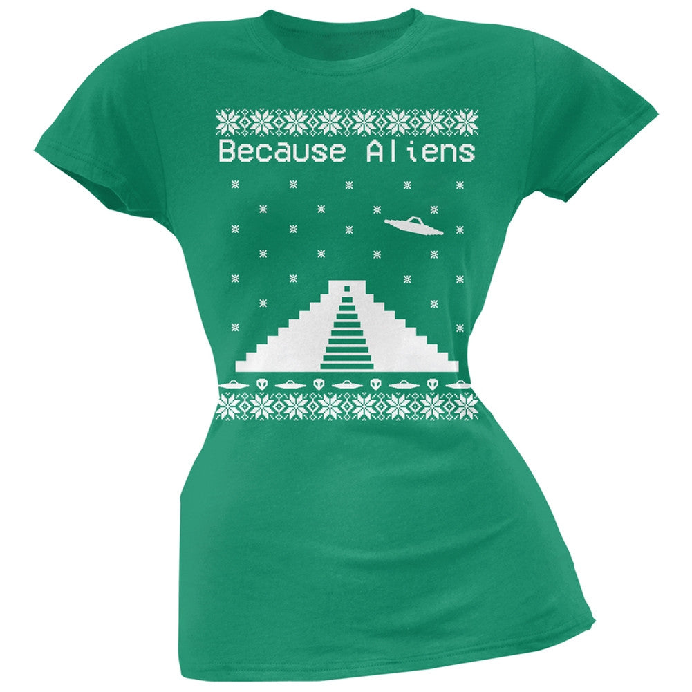 Because Aliens Pyramid Christmas Sweater Dark Heather Juniors Soft T-Shirt Juniors T-Shirts Old Glory 2XL Green