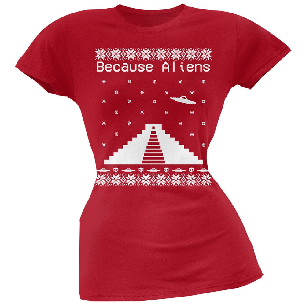 Because Aliens Pyramid Christmas Sweater Dark Heather Juniors Soft T-Shirt Juniors T-Shirts Old Glory 2XL Red