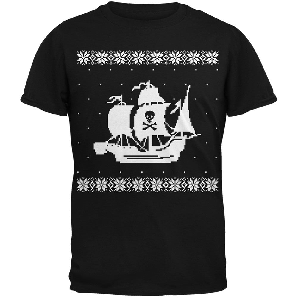 Big Pirate Ship Ugly Christmas Sweater Black Adult T-Shirt Men's T-Shirts Old Glory 2XL Black