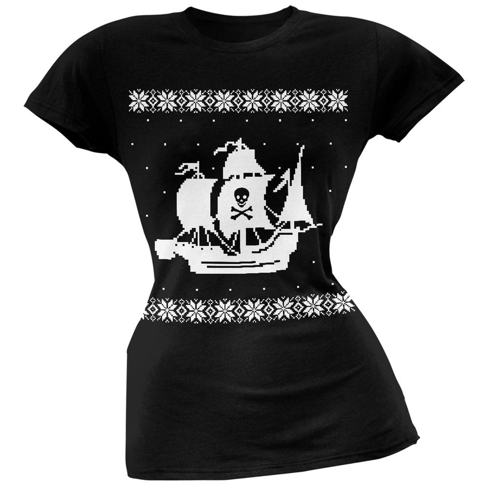 Big Pirate Ship Ugly Christmas Sweater Black Soft Juniors T-Shirt Juniors T-Shirts Old Glory 2XL Black
