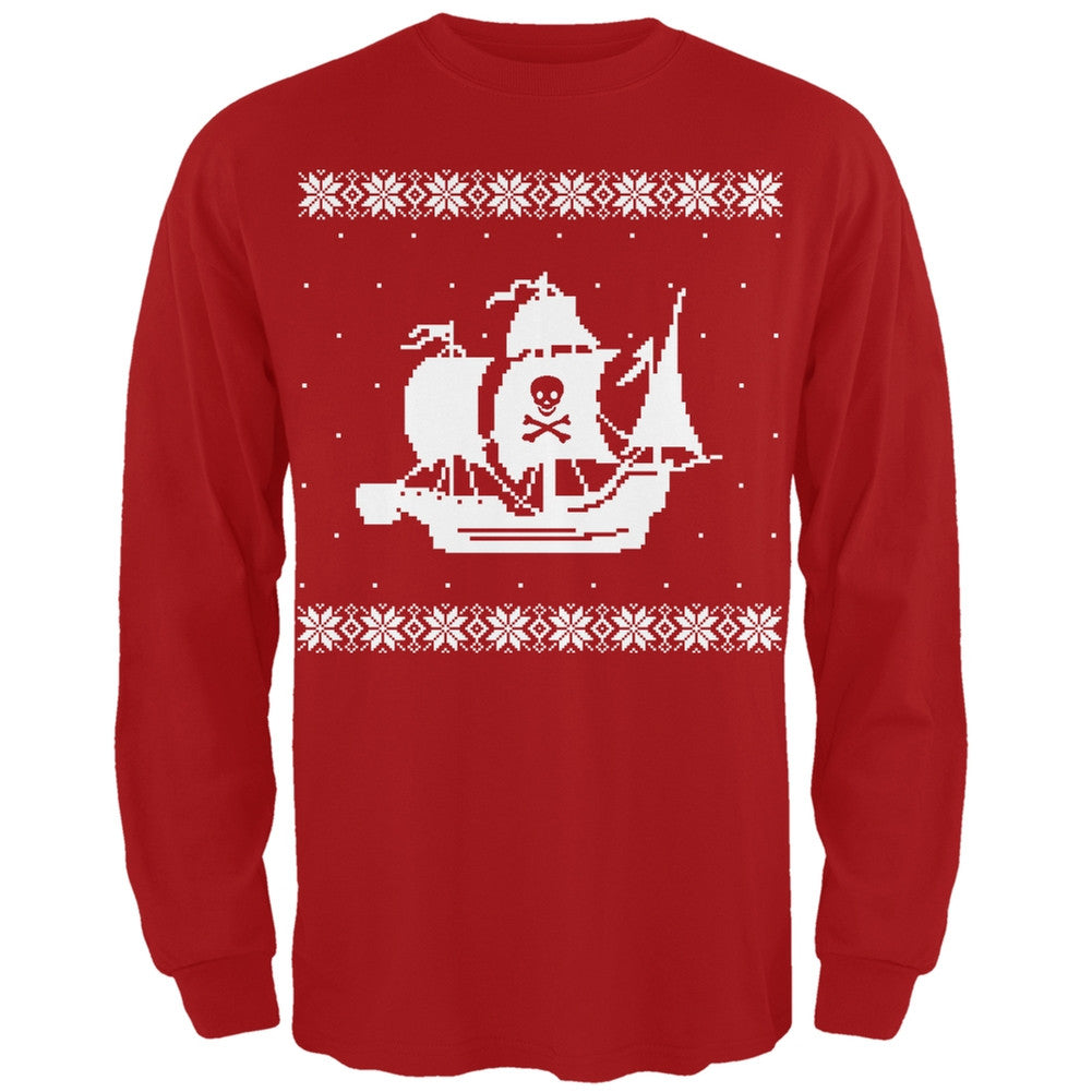 Big Pirate Ship Ugly Christmas Sweater Black Long Sleeve T-Shirt Men's Long Sleeves Old Glory 2XL Red
