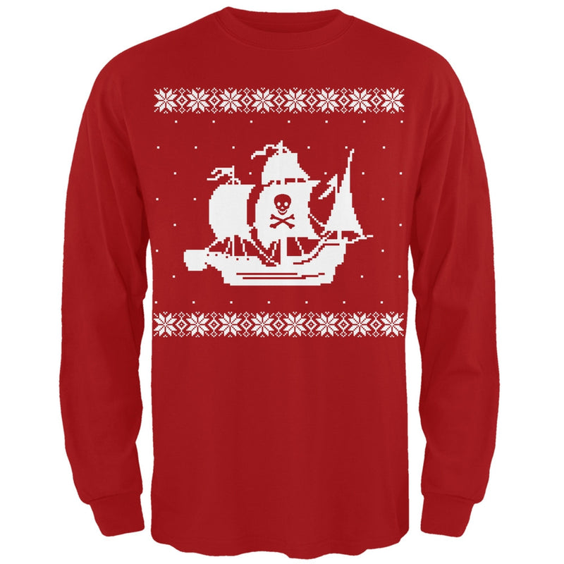Big Pirate Ship Ugly Christmas Sweater Black Long Sleeve T-Shirt Men's Long Sleeves Old Glory 2XL Red