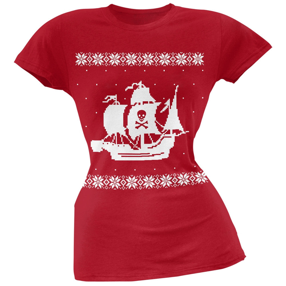 Big Pirate Ship Ugly Christmas Sweater Black Soft Juniors T-Shirt Juniors T-Shirts Old Glory 2XL Red
