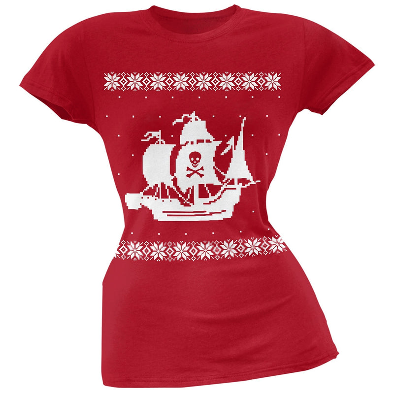 Big Pirate Ship Ugly Christmas Sweater Black Soft Juniors T-Shirt Juniors T-Shirts Old Glory 2XL Red