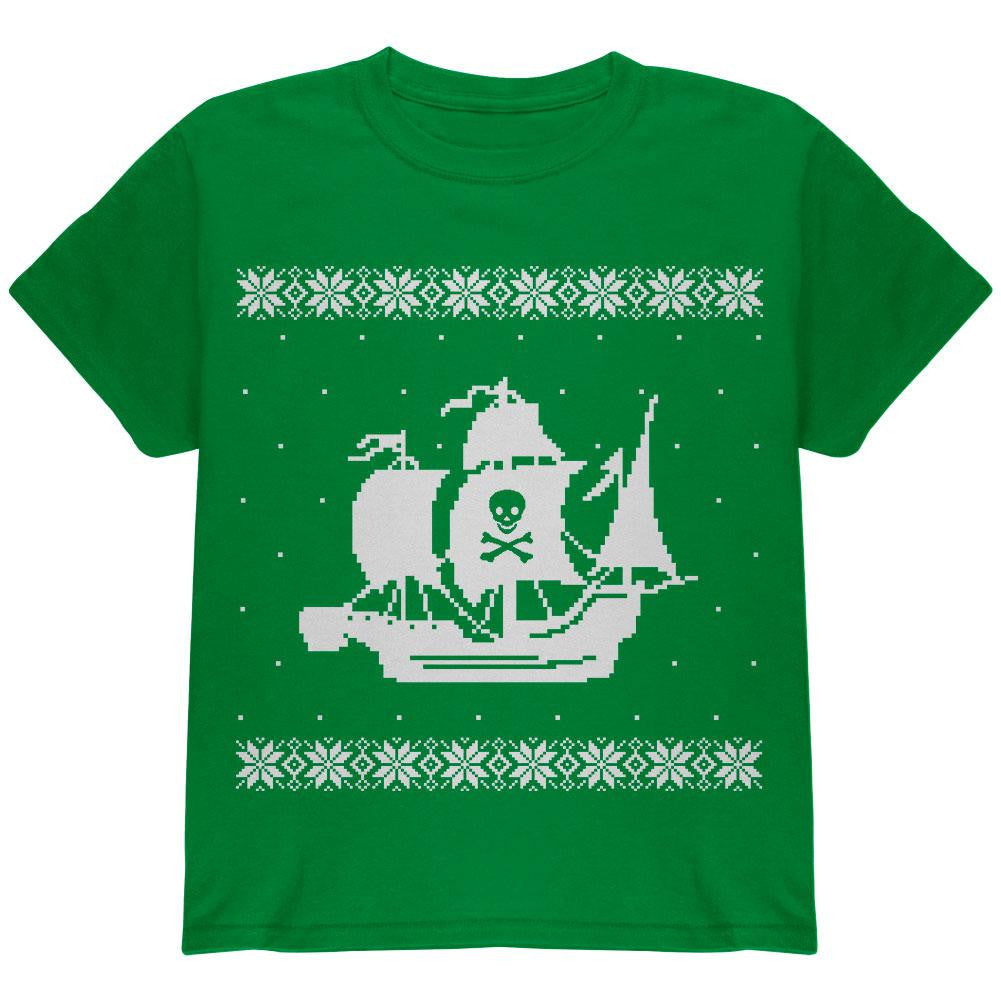 Big Pirate Ship Ugly Christmas Sweater Black Youth T-Shirt Youth T-Shirts Old Glory LG Green