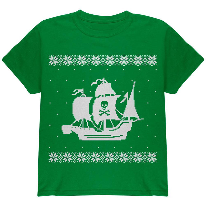 Big Pirate Ship Ugly Christmas Sweater Black Youth T-Shirt Youth T-Shirts Old Glory LG Green