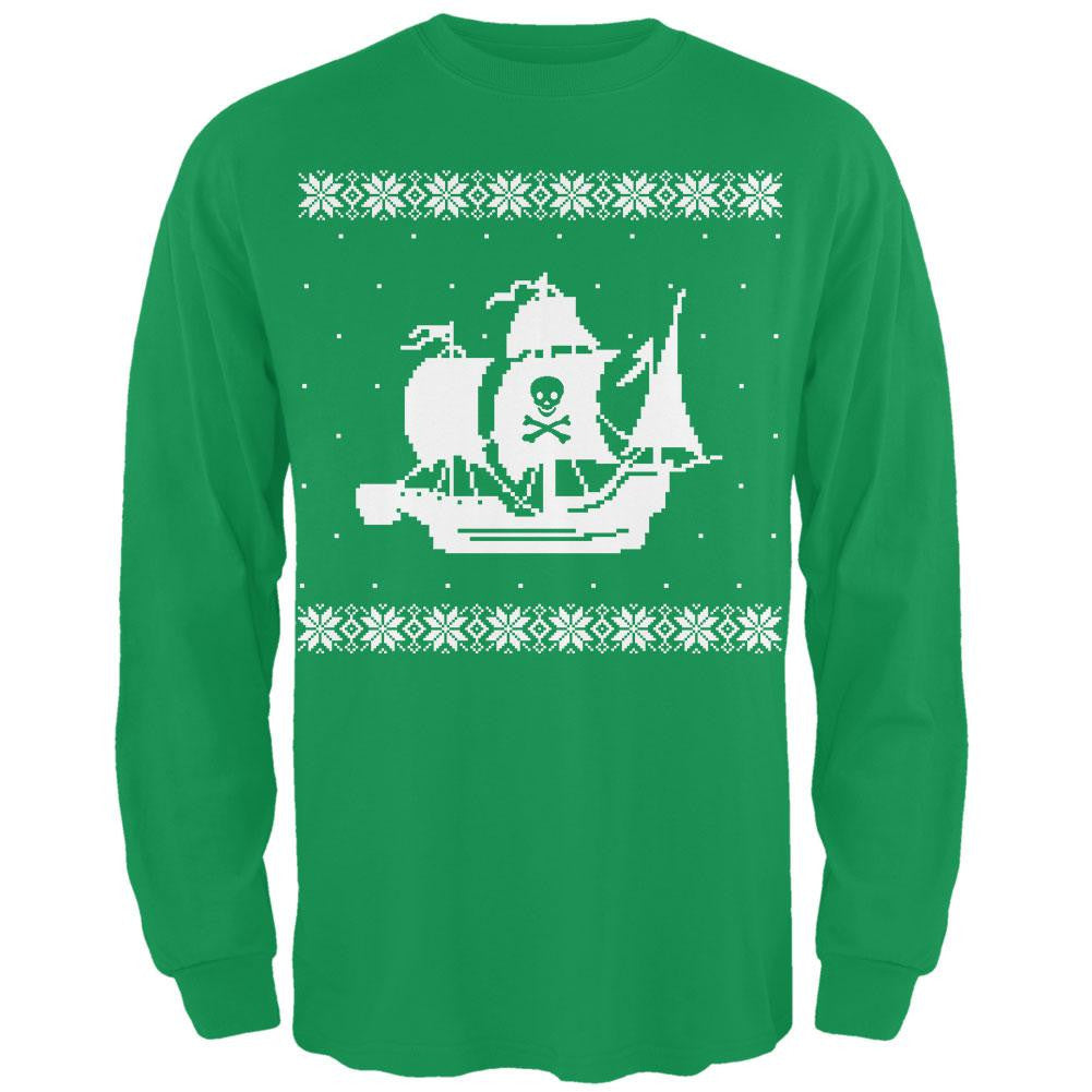 Big Pirate Ship Ugly Christmas Sweater Black Long Sleeve T-Shirt Men's Long Sleeves Old Glory 2XL Green