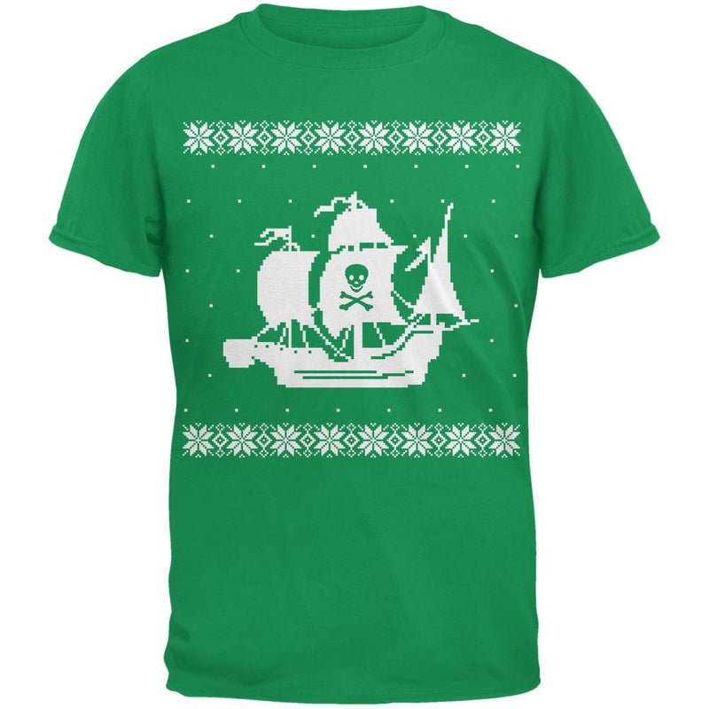 Big Pirate Ship Ugly Christmas Sweater Black Adult T-Shirt Men's T-Shirts Old Glory 2XL Green