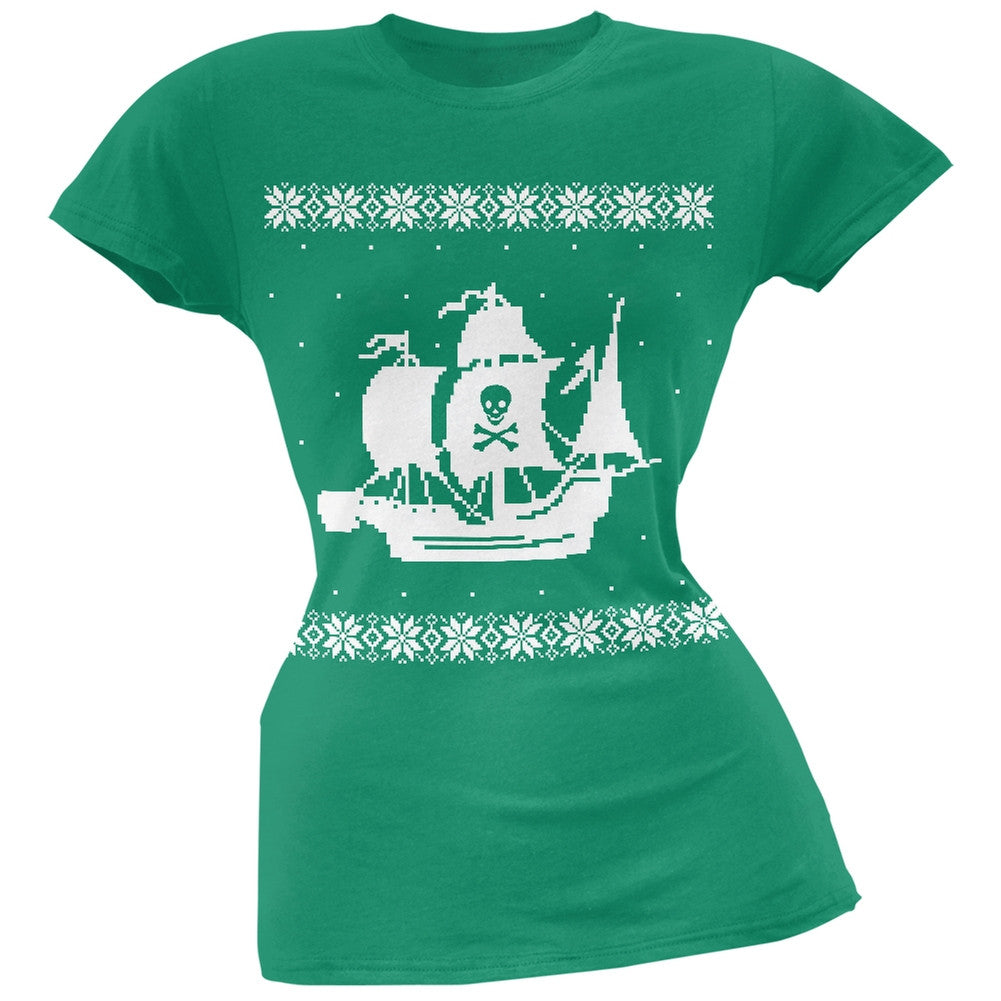 Big Pirate Ship Ugly Christmas Sweater Black Soft Juniors T-Shirt Juniors T-Shirts Old Glory 2XL Green