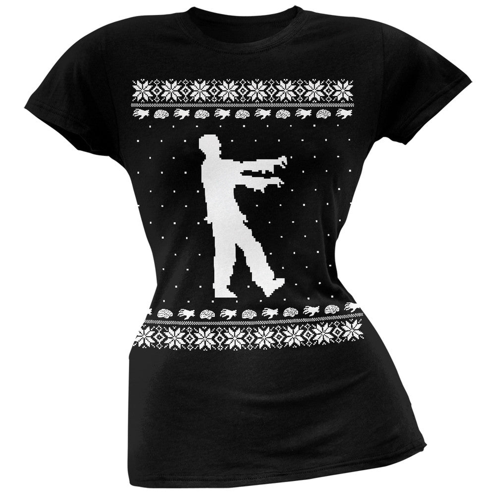 Big Zombie Ugly Christmas Sweater Black Soft Juniors T-Shirt Juniors T-Shirts Old Glory SM Black