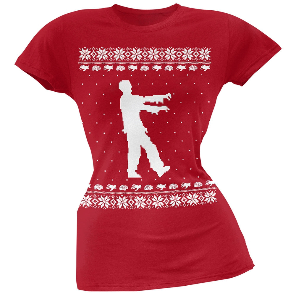Big Zombie Ugly Christmas Sweater Black Soft Juniors T-Shirt Juniors T-Shirts Old Glory SM Red