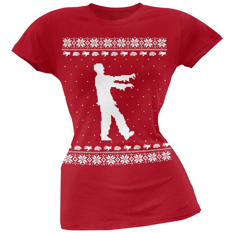 Big Zombie Ugly Christmas Sweater Black Soft Juniors T-Shirt Juniors T-Shirts Old Glory SM Red