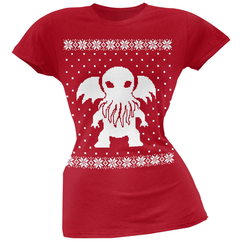 Big Cthulhu Ugly Lovecraft Christmas Sweater Dark Heather Juniors Soft T-Shirt Juniors T-Shirts Old Glory 2XL Red