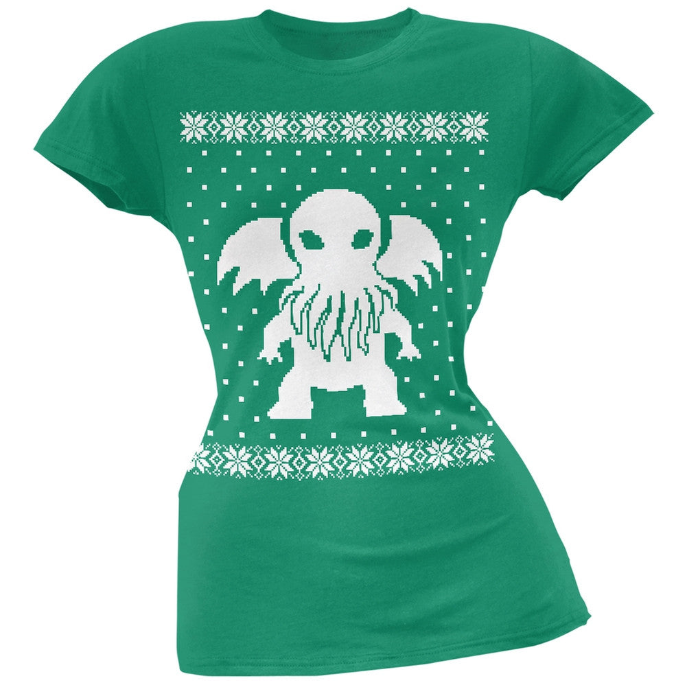 Big Cthulhu Ugly Lovecraft Christmas Sweater Dark Heather Juniors Soft T-Shirt Juniors T-Shirts Old Glory 2XL Green