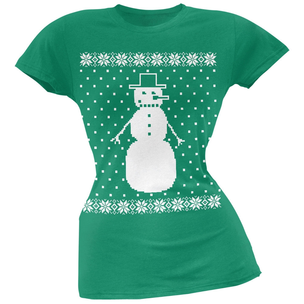 Big Snowman Ugly Christmas Sweater Black Soft Juniors T-Shirt Juniors T-Shirts Old Glory 2XL Green