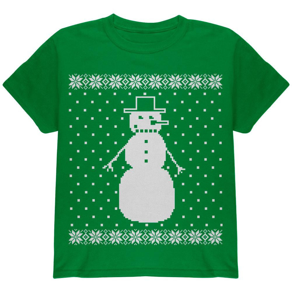 Big Snowman Ugly Christmas Sweater Black Youth T-Shirt Youth T-Shirts Old Glory SM Green