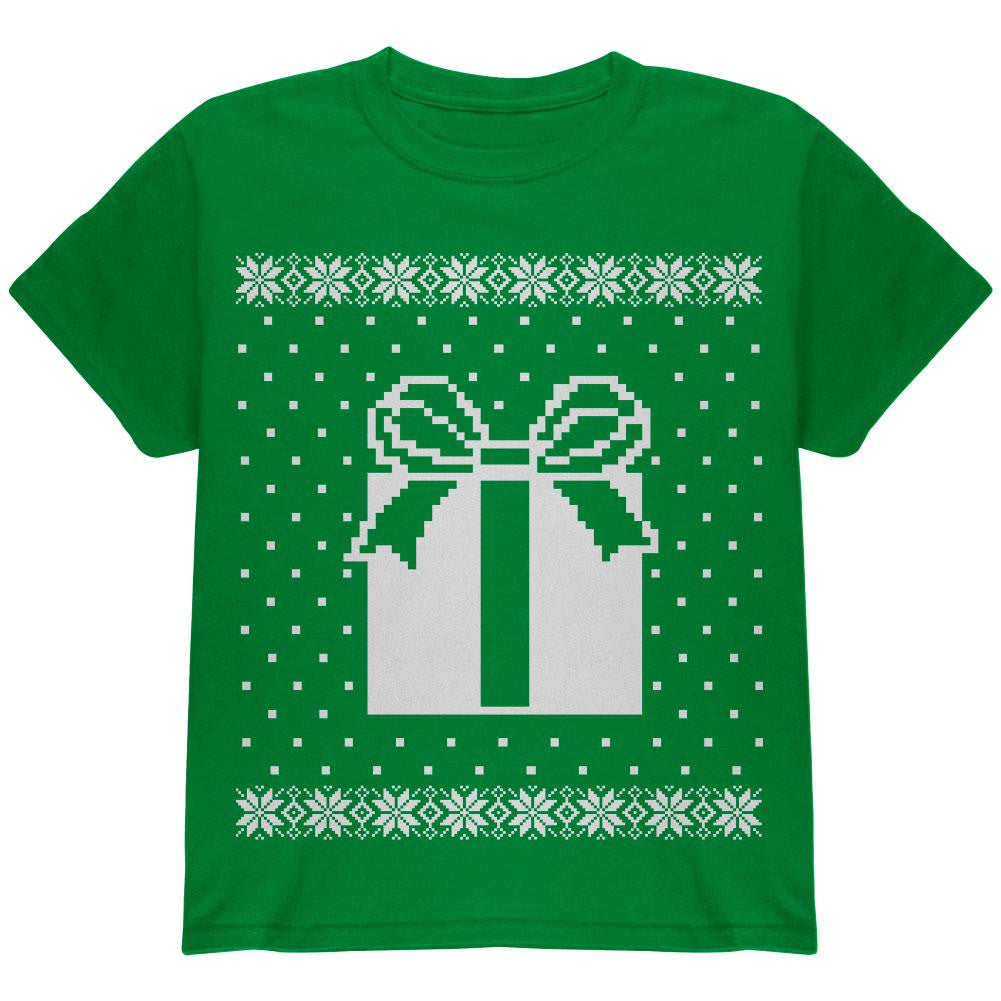 Big Present Ugly Christmas Sweater Black Youth T-Shirt Youth T-Shirts Old Glory LG Green