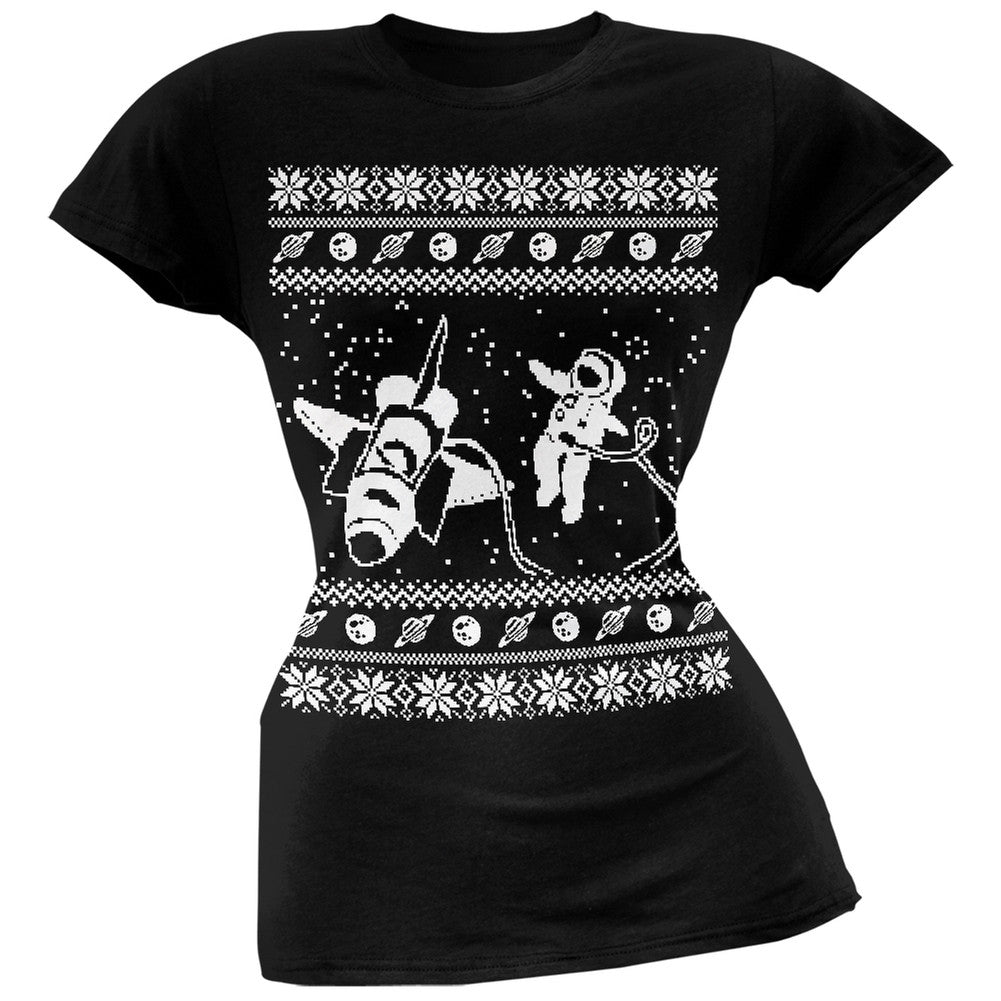 Astronaut in Space Ugly Christmas Sweater Black Soft Juniors T-Shirt Juniors T-Shirts Old Glory 2XL Black