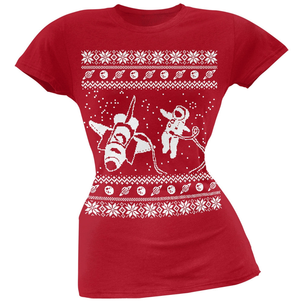 Astronaut in Space Ugly Christmas Sweater Black Soft Juniors T-Shirt Juniors T-Shirts Old Glory 2XL Red