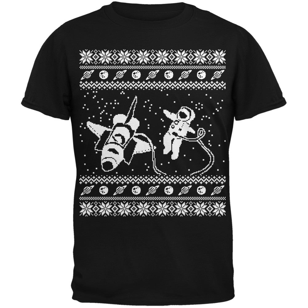 Astronaut in Space Ugly Christmas Sweater Black Adult T-Shirt Men's T-Shirts Old Glory 2XL Black