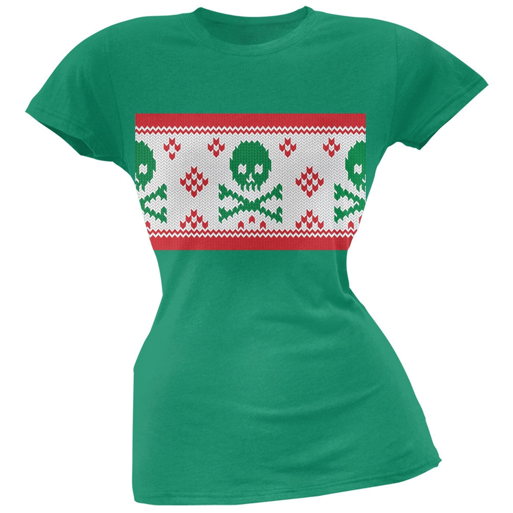 Knit Skull And Crossbones Ugly Christmas Sweater Black Soft Juniors T-Shirt Juniors T-Shirts Old Glory