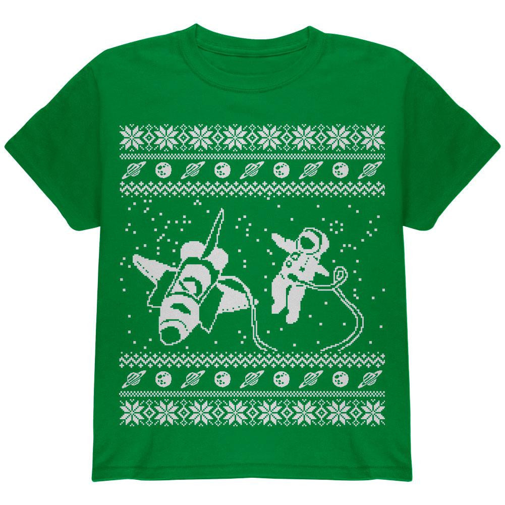 Astronaut in Space Ugly Christmas Sweater Black Youth T-Shirt Youth T-Shirts Old Glory SM Green